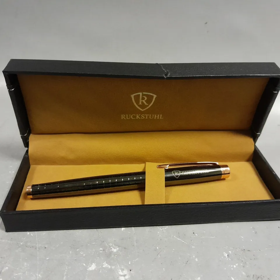 RUCKSTUHL STAINLESS STEEL LUXURY PEN IN GIFT BOX – BLACK & ROSE GOLD COLOUR CASE