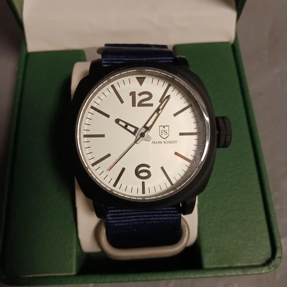 FRANK SCHIMDT WHITE DIAL GENTS WATCH WITH BLUE FABRIC STRAP AND BLACK CASE WITH STAINLESS STEEL BACK IN BOX