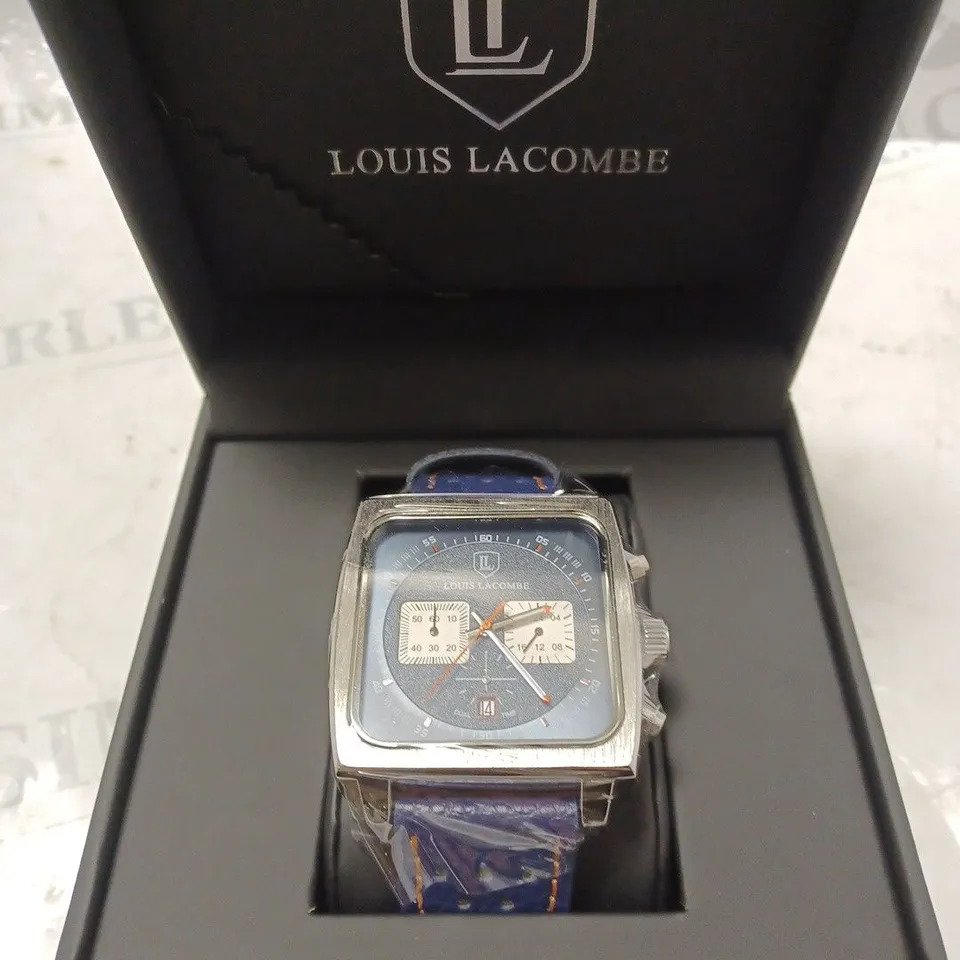 MENS LOUIS LACOMBE WATCH – SQUARE DIAL WITH WHITE SUB DIALS – LEATHER STRAP
