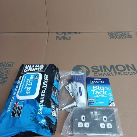 APPROXIMATELY 15 ASSORTED HOUSEHOLD PRODUCTS TO INCLUDE ULTRA GRIME XXL PACK OF WIPES, PLUG SOCKETS AND WALL REPAIR PASTE