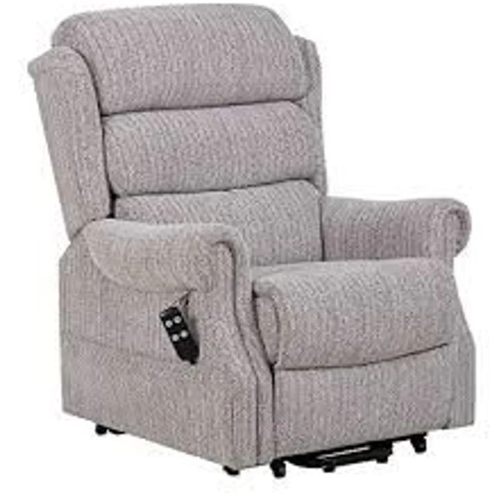 BOXED DESIGNER GREY FABRIC POWER RISE & RECLINING EASY CHAIR (2 BOXES)