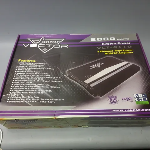 BOXED LANZAR VECTOR 2000 WATTS SYSTEMPOWER VCT-4110 4 CHANNEL HIGH POWER MOSFET AMPLIFIER