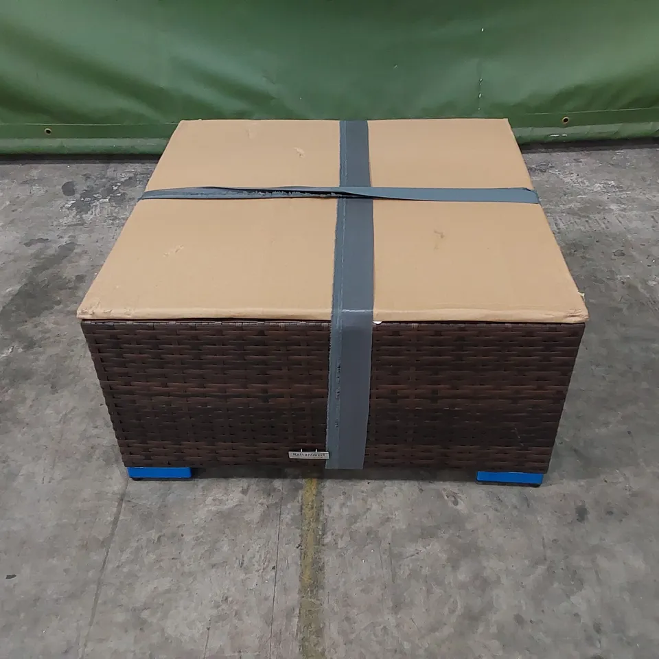 DESIGNER OTTOMAN/COFFEE TABLE IN RATTAN CHOCOLATE MIX AND COFFEE CREAM COLOUR WITH GLASS TOP