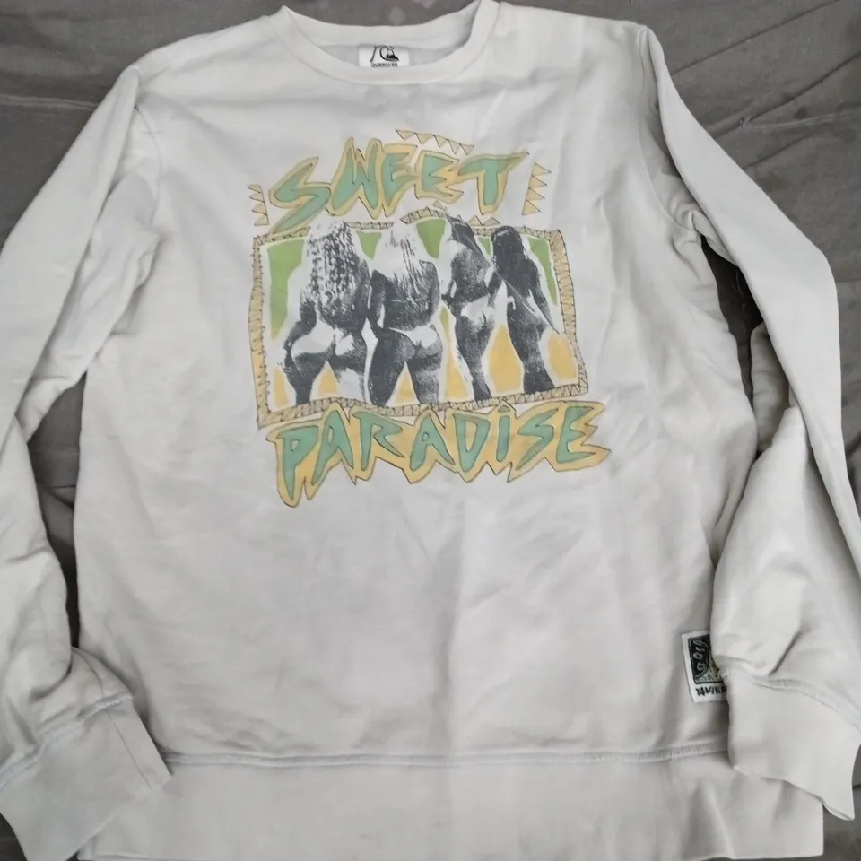 QUIKSILVER WHITE SWEATSHIRT WITH SWEET PARADISE GRAPHIC, UK SIZE S
