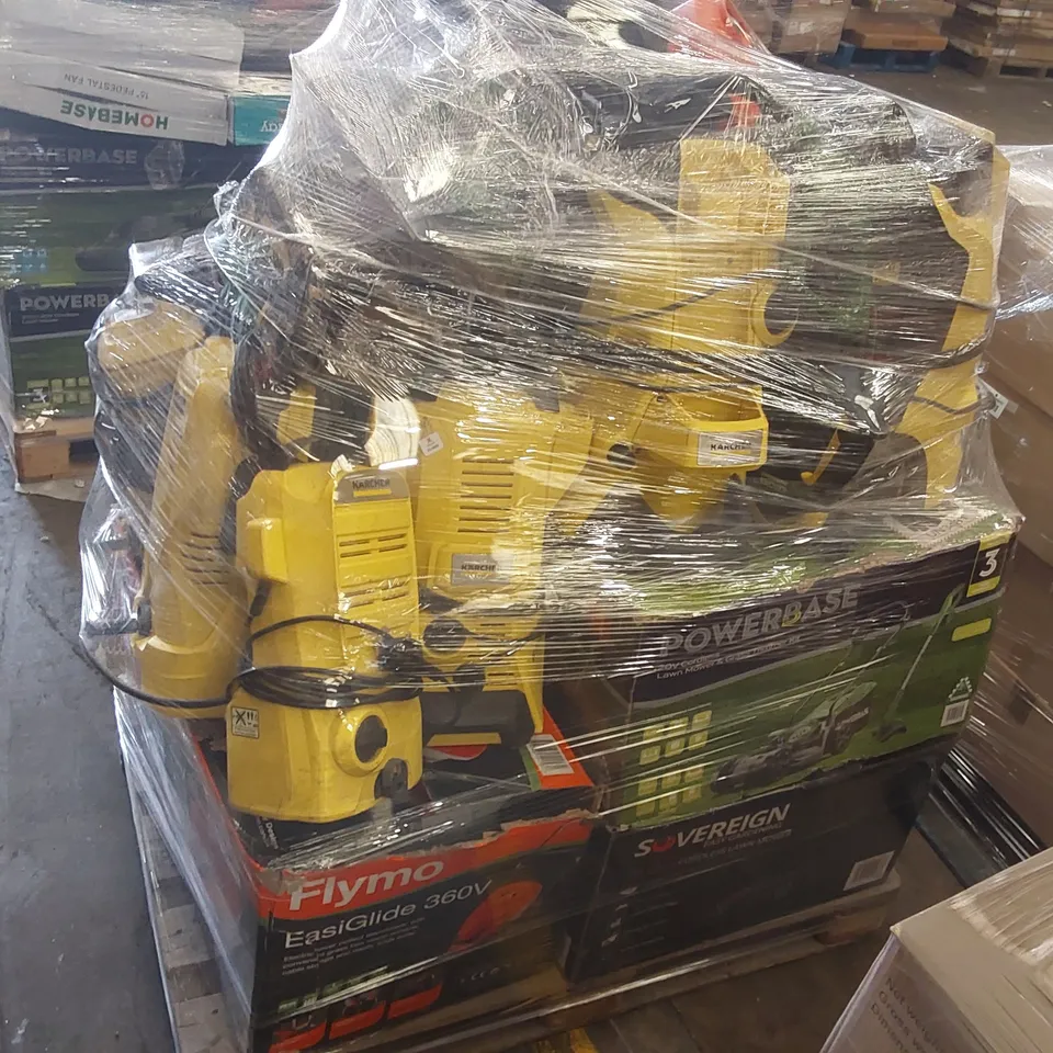 PALLET CONTAINING A LARGE QUANTITY OF ASSORTED UNCHECKED LAWN MOWERS, KÄRCHER PRESSURE WASHERS ECT