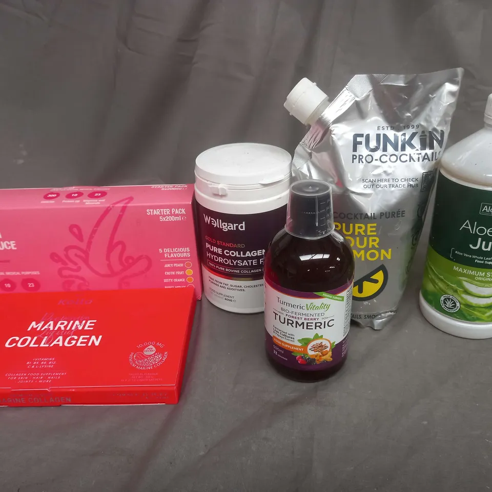 APPROXIMATELY 8 ASSORTED FOOD AND DRINK ITEMS TO INCLUDE ALOE VERA JUICE, FUNKIN PRO-COCKTAILS, TURNMERIC, WELLGARD AND ACTAGAIN JUICE - COLLECTION ONLY