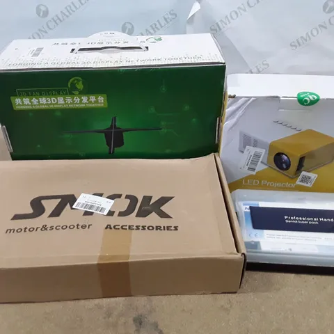 BOX CONTAINING APPROXIMATELY 25 ASSORTED PRODUCTS INCLUDING DRILL HANDPIECE, LED PROJECTOR, AC ADAPTER, 3D FAN DISPLAY