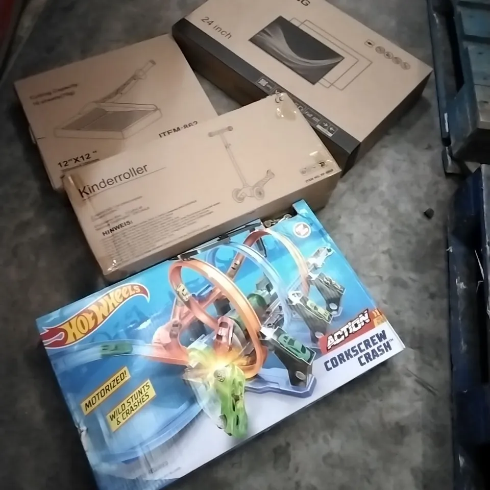 PALLET OF HOUSEHOLD ITEMS TO INCLUDE 24INCH MONITOR, PAPER CUTTER, SCOOTER, HOT WHEELS AND OTHER ASSORTED ITEMS...