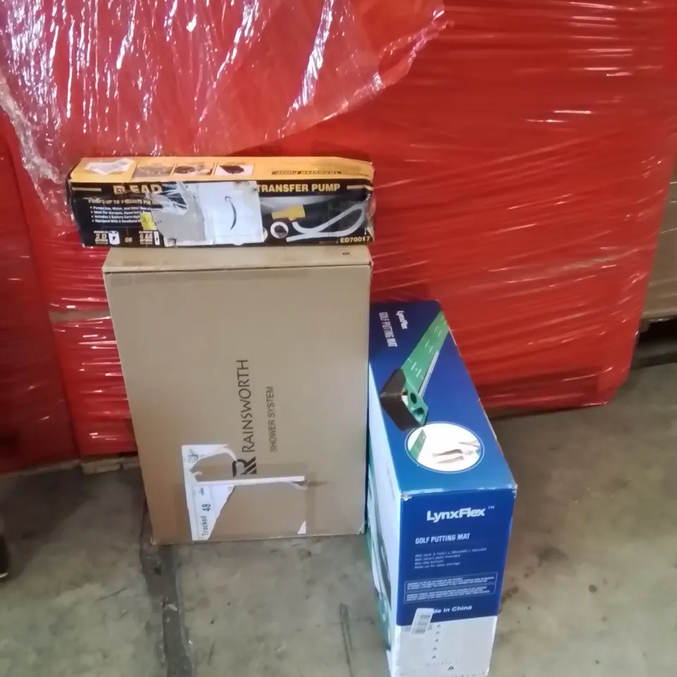 PALLET OF ASSORTED HOUSEHOLD GOODS AND PRODUCTS TO INCLUDE;SHOWER SYSTEM,GOLF PUTTING MAT,TRANSFER PUMP