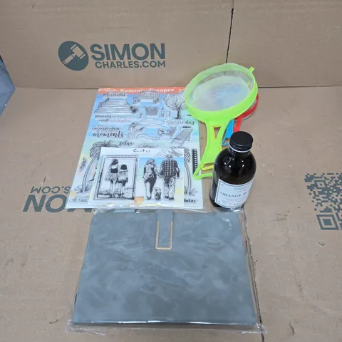 TOTE OF APPROXIMATELY 15 ASSORTED HOUSEHOLD ITEMS TO INCLUDE SIEVES, DIARY, ORANGE BLOOM REFILL, CRAFT SET ETC