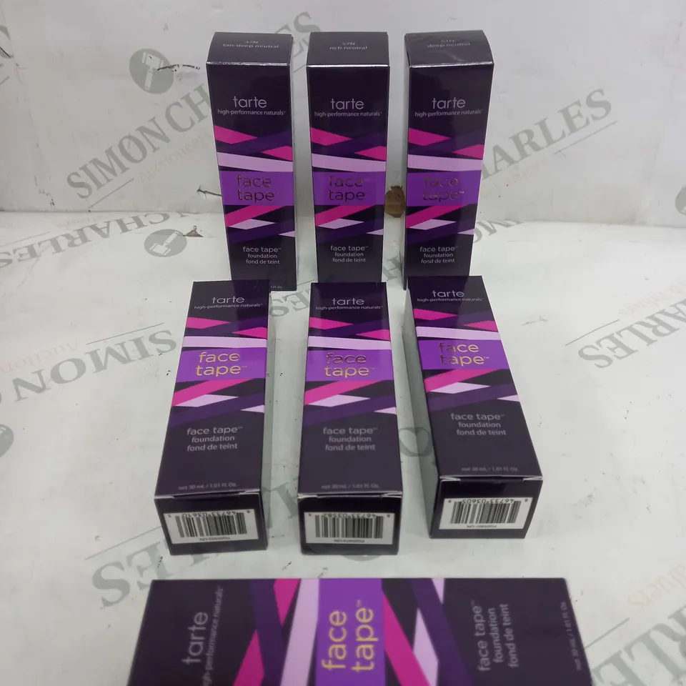 BOX OF 7 TARTE FACE TAPE FOUNDATION 30ML TO INCLUDE 47N DEEP NEUTRAL, 57N RICH NEUTRAL, 22B LIGHT BEIGE ETC