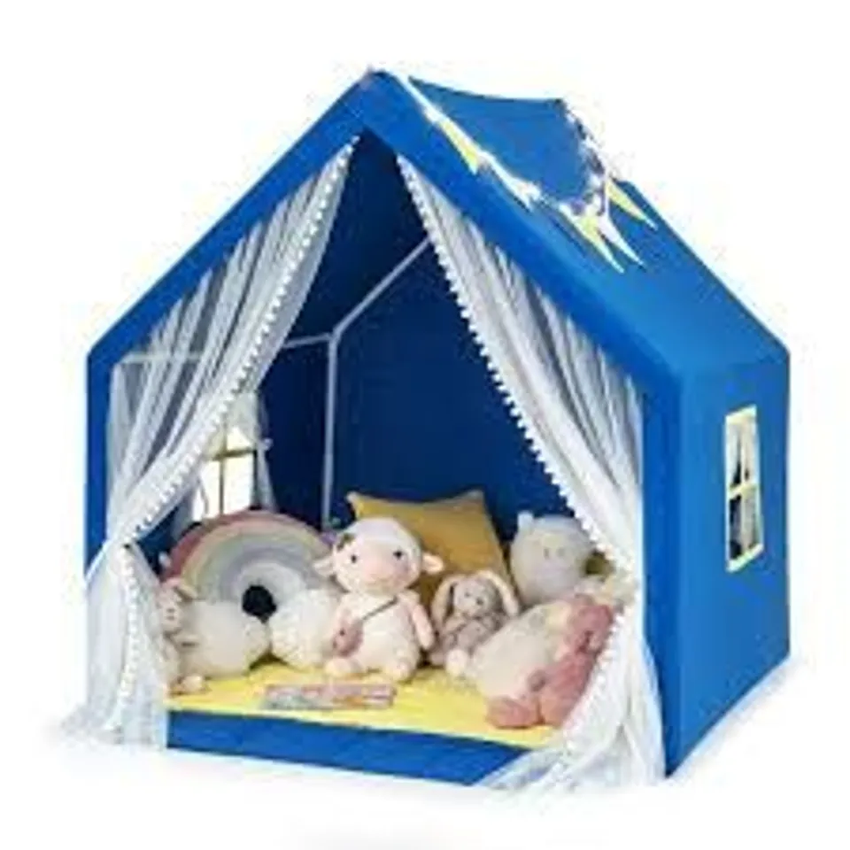 BOXED COSTWAY LARGE PLAY TENT KIDS & TODDLERS PLAYHOUSE WITH WASHABLE COTTON MAT, STAR LIGHTS - NAVY