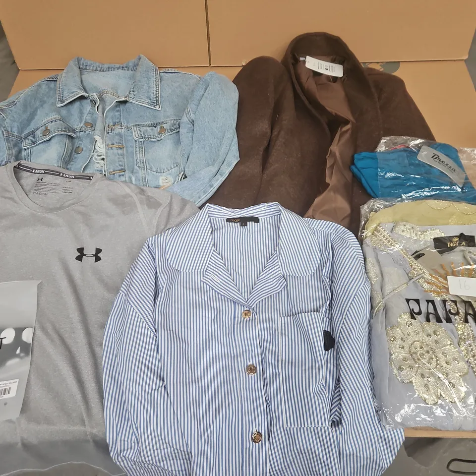 LARGE QUANTITY OF ASSORTED CLOTHING ITEMS TO INCLUDE UNDER ARMOUR, NEW COLLECTION AND OUTCAST - VARIOUS SIZES