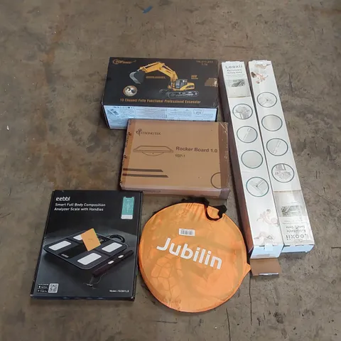 PALLET OF ASSORTED HOUSEHOLD GOODS AND PRODUCTS TO INCLUDE; EXCAVATOR TOY, FULL BODY ANALYSER, BABY GATES, BOXED FURNITURE ETC