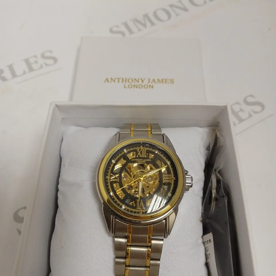 BOXED ANTHONY JAMES GENTS LIMITED EDITION SKELETON AUTOMATIC STAINLESS STEEL WATCH - GOLD