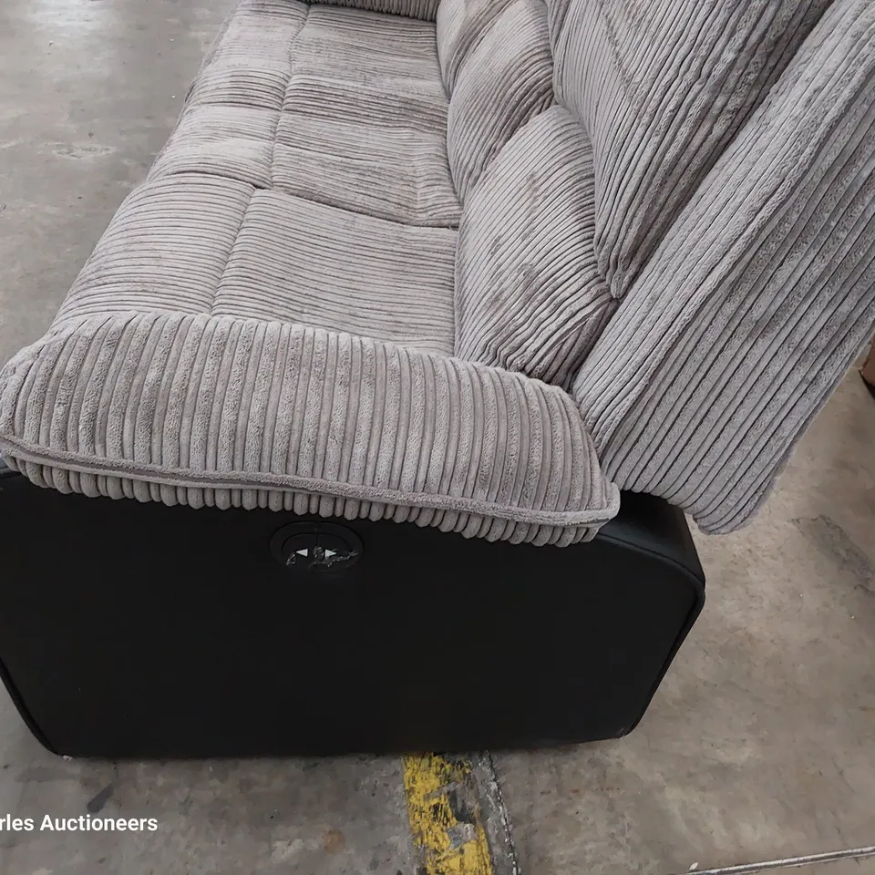DESIGNER POWER RECLINING THREE SEATER SOFA GREY JUMBO CHORD % BLACK FAUX LEATHER