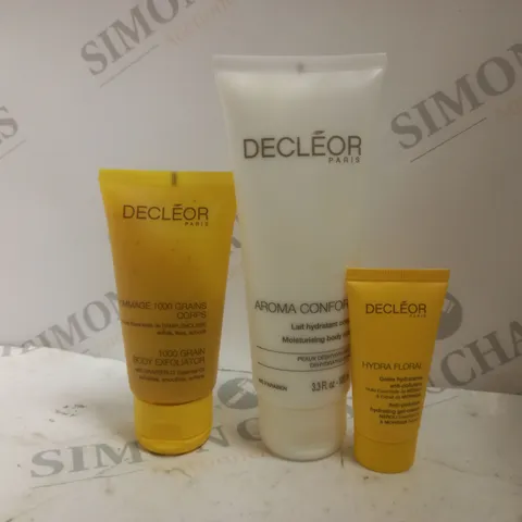 APPROXIMATELY 3 DECLEOR PRODUCTS TO INCLUDE AROMA CONFORT MOISTURISING BODY MILK (100ml), 1000 GRAIN BODY EXFOLIATOR (50ml), HYDRA FLORAL GEL CREAM (15ml)