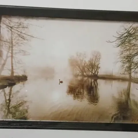 FRAMED LANDSCAPE PHOTOGRAPH – LAKESIDE SCENE, SIGNED LOWER-RIGHT