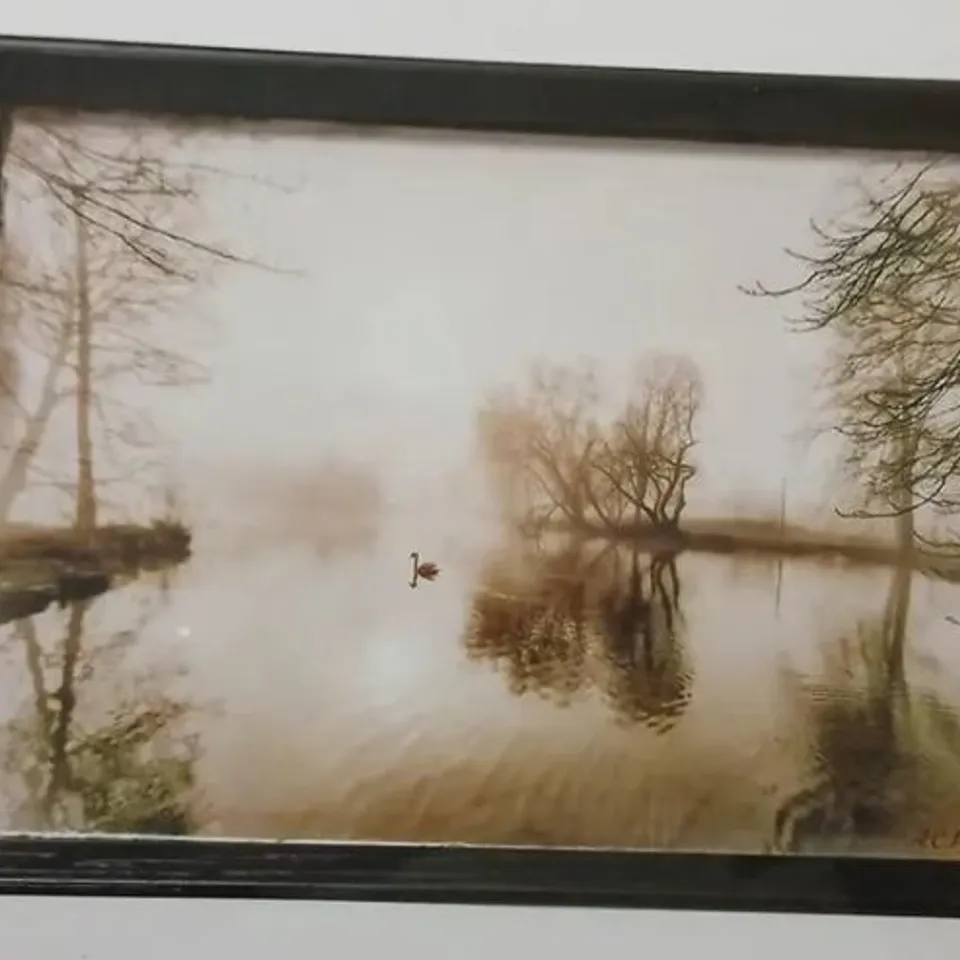 FRAMED LANDSCAPE PHOTOGRAPH – LAKESIDE SCENE, SIGNED LOWER-RIGHT