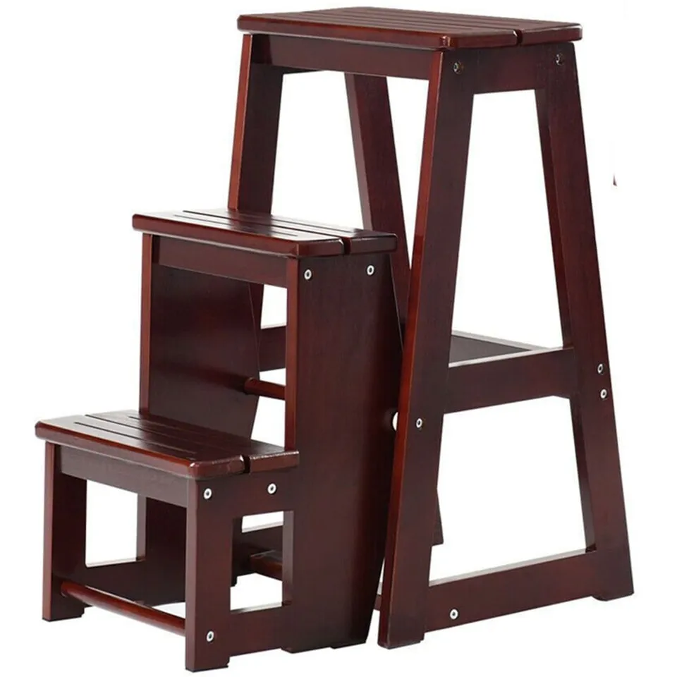 BOXED COSTWAY 3 STEP COFFEE WOODEN FOLDING STOOL STEPLADDER