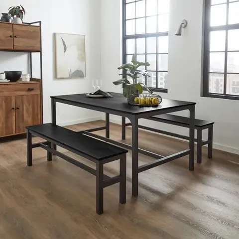 BOXED FULTON 6 SEATER RECTANGULAR DINING TABLE WITH 2 BENCHES - BLACK (1 BOX)