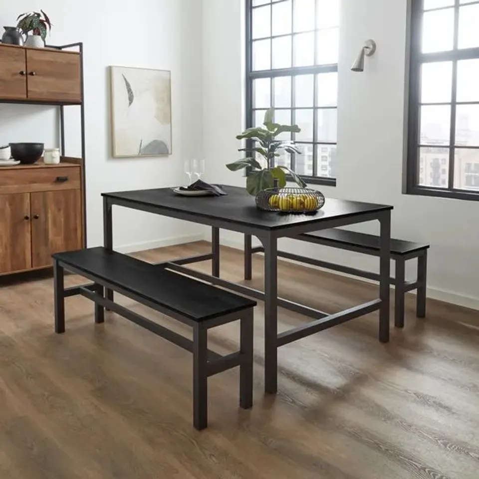 BOXED FULTON 6 SEATER RECTANGULAR DINING TABLE WITH 2 BENCHES - BLACK (1 BOX)