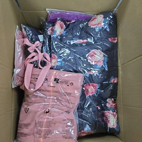 LARGE BOX OF ASSORTED CLOTHING ITEMS IN VARIOUS COLORS , SIZES AND STYLES