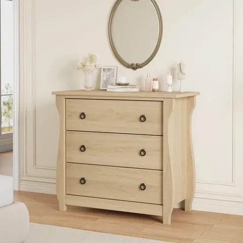 BOXED GARVEE 3 DRAWER DRESSER MODERN WHITE CHEST WITH BLACK METAL RING PULL HANDLES FOR BEDROOM LIVING ROOM ENTRYWAY 29.9X15.8X29.3 NATURAL OAK