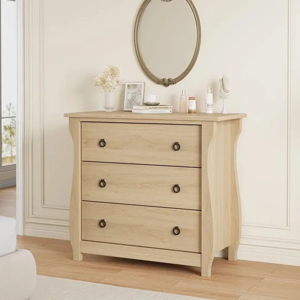 BOXED GARVEE 3 DRAWER DRESSER MODERN WHITE CHEST WITH BLACK METAL RING PULL HANDLES FOR BEDROOM LIVING ROOM ENTRYWAY 29.9X15.8X29.3 NATURAL OAK