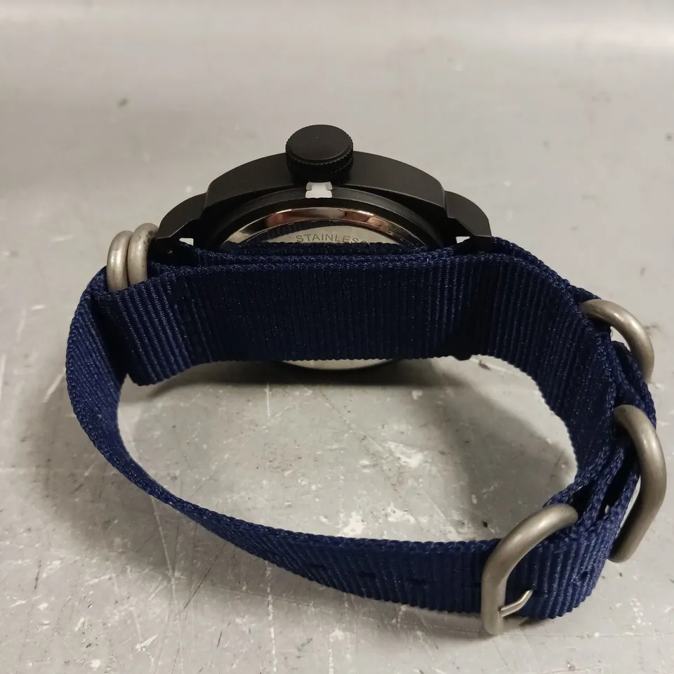 MENS FRANK SCHMIDT WATCH – LARGE BLACK CASE – WHITE PILOT DIAL – BLUE FABRIC STRAP 