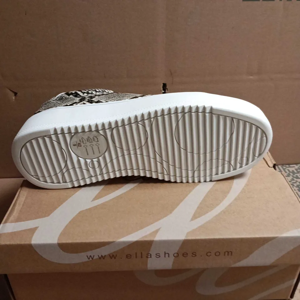 BOXED PAIR OF ELLA SNAKE PRINT SLIP-ON TRAINERS – UK 8 