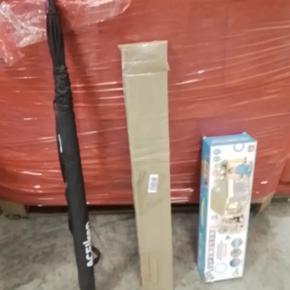 PALLET OF ASSORTED HOUSEHOLD GOODS AND PRODUCTS TO INCLUDE;UMBRELLA,CLOTHES RACK,KIDS TOY HOUSE