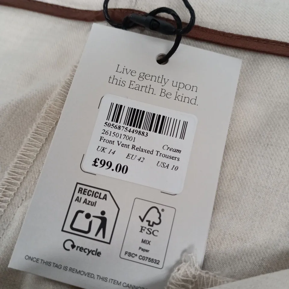 NOBODY'S CHILD CREAM FRONT VENT RELAXED TROUSERS – UK 14