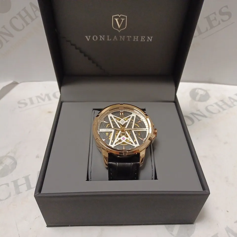 MENS VONLANTHEN AUTOMATIC SKELETON WATCH – V110 - GLASS EXHIBITION BACKCASE – BLACK LEATHER STRAP