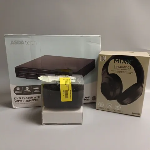 APPROXIMATELY 20 ASSORTED TECH PRODUCTS TO INCLUDE WIRELESS HEADPHONES, JUICE BOOM BLUETOOTH SPEAKER, DVD PLAYER