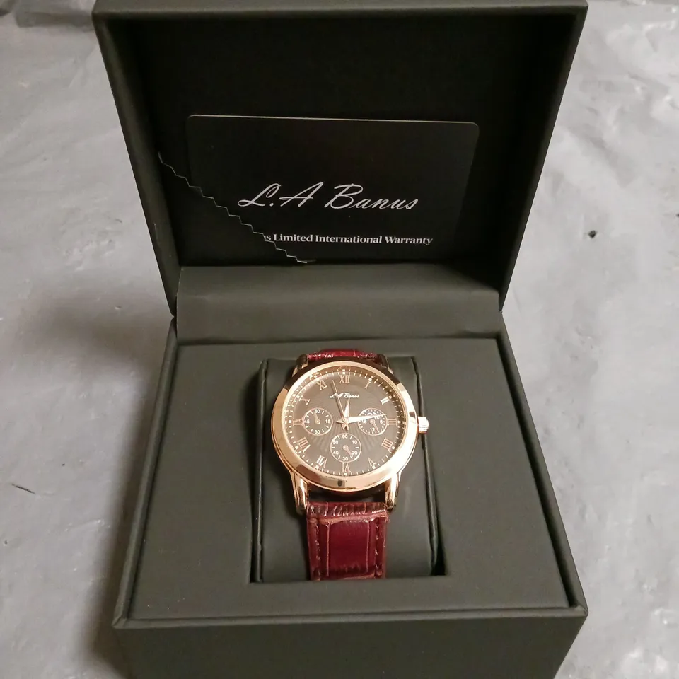 L.A.BANUS ROSE GOLD LOOK WATCH WITH STAINLESS STEEL BACK AND LEATHER STRAP IN BOX