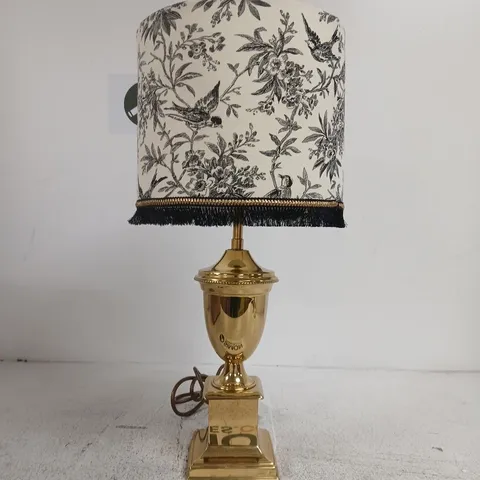 VINTAGE BRASS TABLE LAMP WITH BOTANICAL FABRIC SHADE AND FRINGE