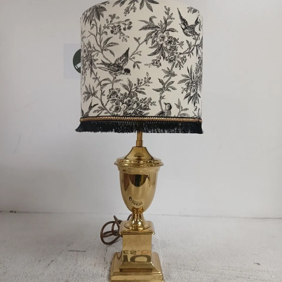 VINTAGE BRASS TABLE LAMP WITH BOTANICAL FABRIC SHADE AND FRINGE