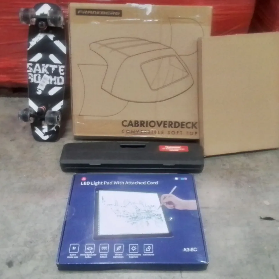 PALLET CONTAINING ASSORTED ITEMS TO INCLUDE: SKATE BOARD, CONVERTIBLE SOFT TOP, 1/2" TORQUE WRENCH SET, LED LIGHT PAD WITH ATTACHED CORD AND PICTURE FRAMES ETC...