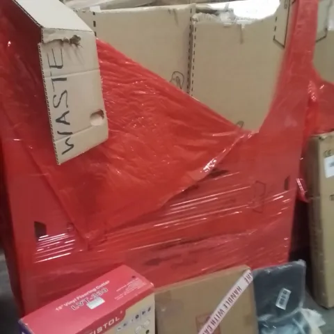PALLET OF ASSORTED HOUSEHOLD GOODS AND PRODUCTS TO INCLUDE;VINYL FLOOR CUTTER,PICTURE FRAME,BACK BRACE