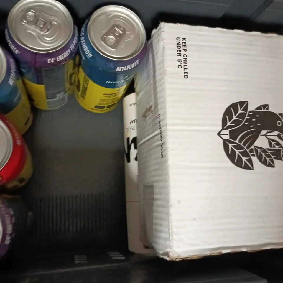 APPROXIMATELY 10 ASSORTED FOOD AND DRINK ITEMS TO INCLUDE MONSTER, C4, ETC