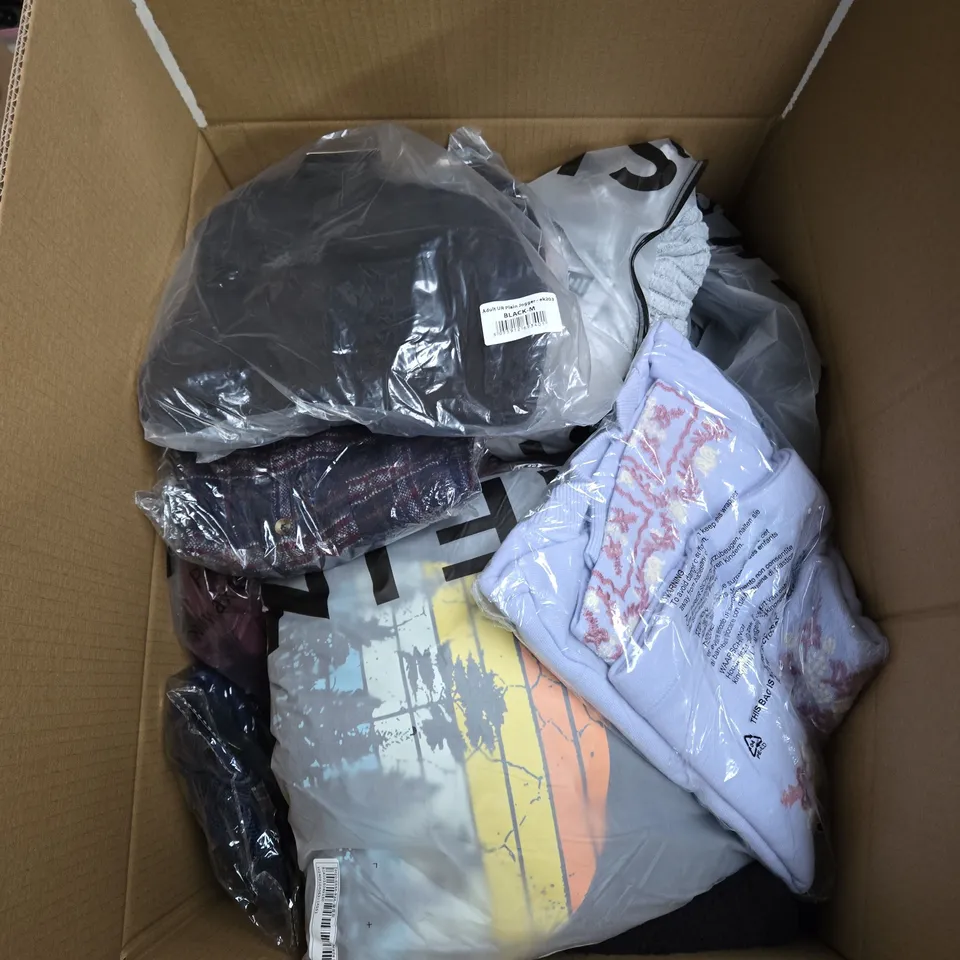 LARGE BOX OF ASSORTED CLOTHING ITEMS IN VARIOUS STYLES, COLOURS AND SIZES