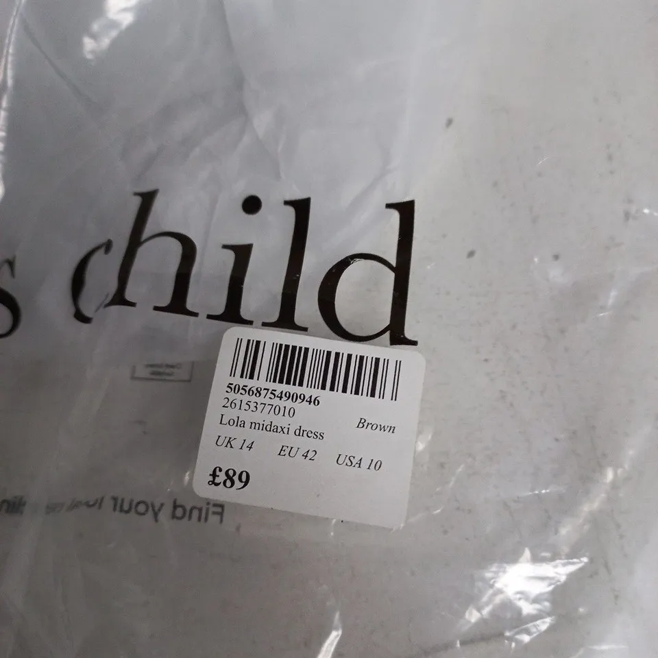 BAGED NOBODYS CHILD LOLA MIDAXI DRESS – BROWN (UK 14)