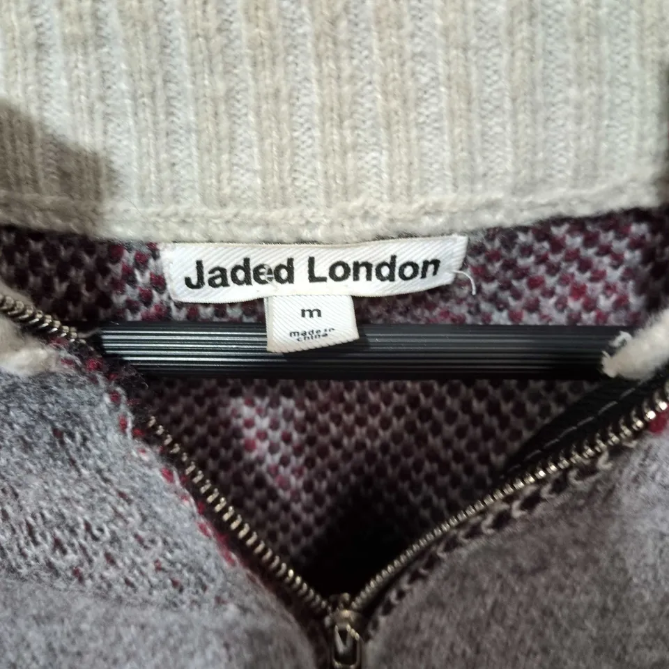 JADED LONDON CROPPED VARSITY KNIT CARDIGAN – GREY BODY WITH WHITE SLEEVES, ZIP-FRONT, SIZE M