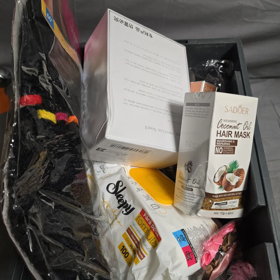 APPROXIMATELY 12 ASSORTED HEALTH AND BEAUTY PRODUCTS INCLUDING COCONUT OIL HAIR MASK , LUSH HAIR EXTENSION AND ASSORTED SCRUNCHIES 