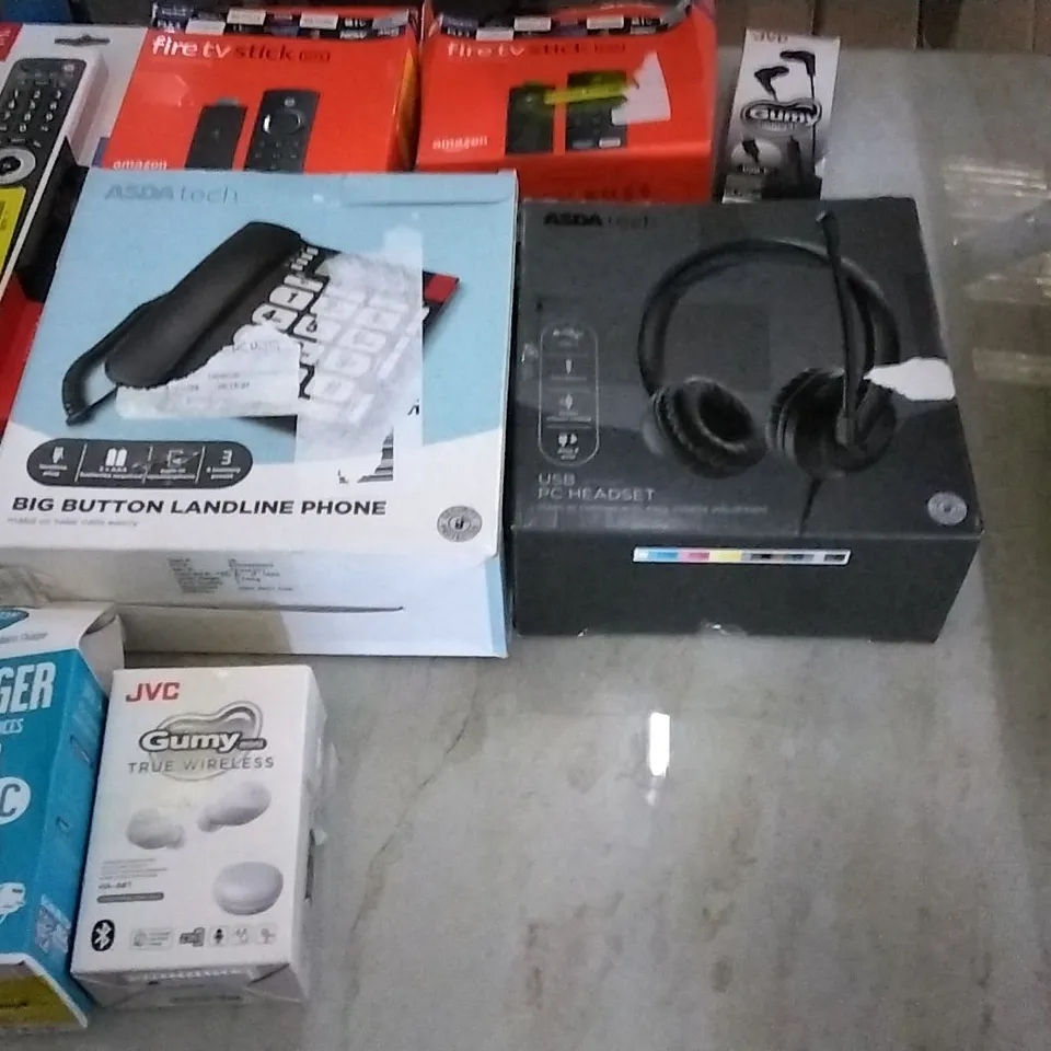 LARGE QUANTITY OF ASSORTED ELECTRICAL PRODUCTS TO INCLUDE; AMAZON FIRE STICK, JVC GUMY CONNECT, BIG BUTTON LANDLINE PHONE AND UNIVERSAL REMOTE EVOLVE
