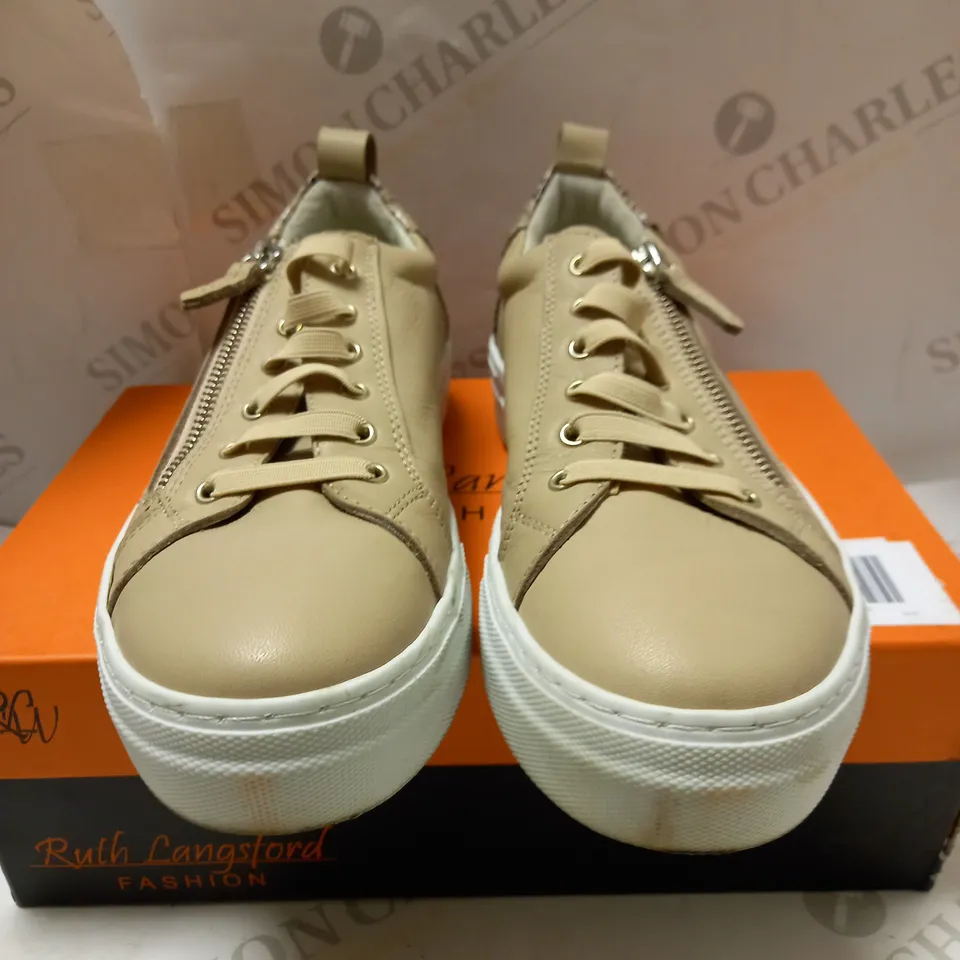 RUTH LANGSFORD ZIP DETAIL BEIGE LEATHER TRAINERS - SIZE 5