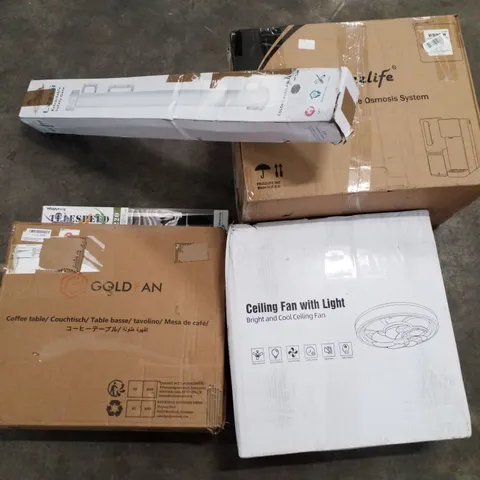 PALLET OF ASSORTED PRODUCTS INCLUDING CEILING FAN WITH LIGHT, COFFEE TABLE, FISHING ROD, RETRACTABLE SAFETY GATE, COUNTERTOP REVERSE OSMOSIS SYSTEM