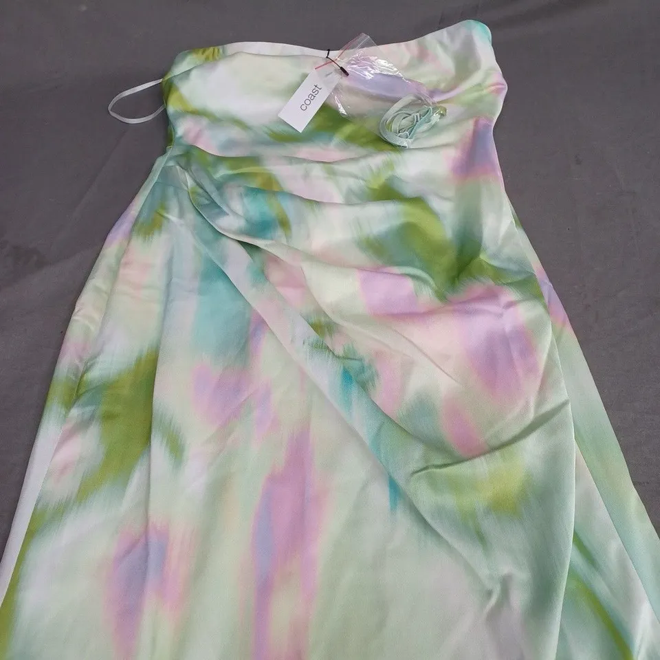 COAST PRINTED SATIN RUCHE DRESS IN SAGE - SIZE 10