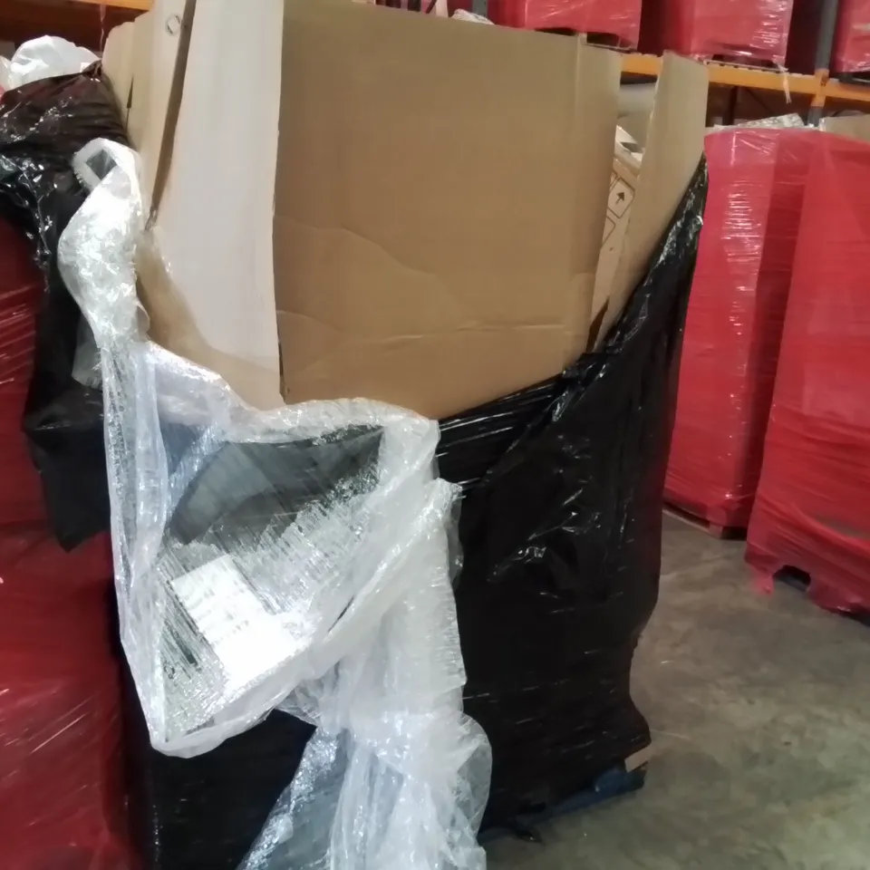 PALLET OF ASSORTED ITEMS TO INCLUDE: COFFEE TABLES, CONSOLE TABLE, WALL MOUNTED MIRROR, BED FRAME ECT